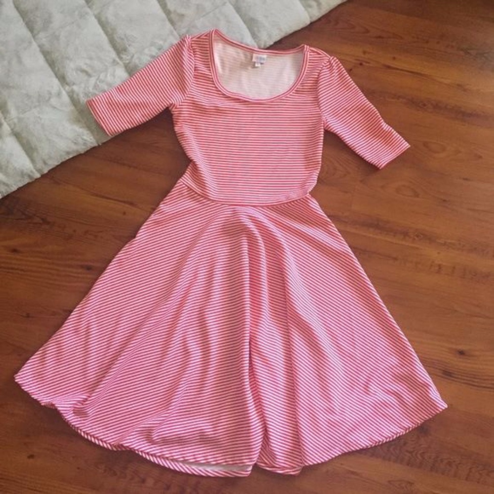 LulaRoe Pinkish Red White Striped Nicole Dress NWT